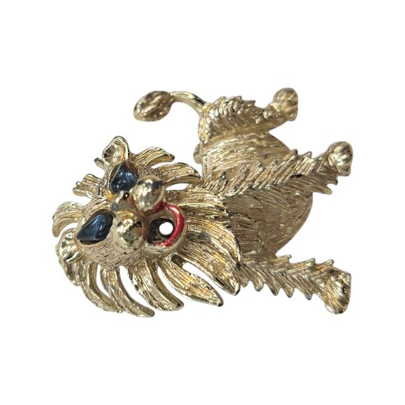 Vintage Lion Trembler Brooch Pin With Blue Eyes & Red Accents Gold-Tone Metal - Picture 2 of 9